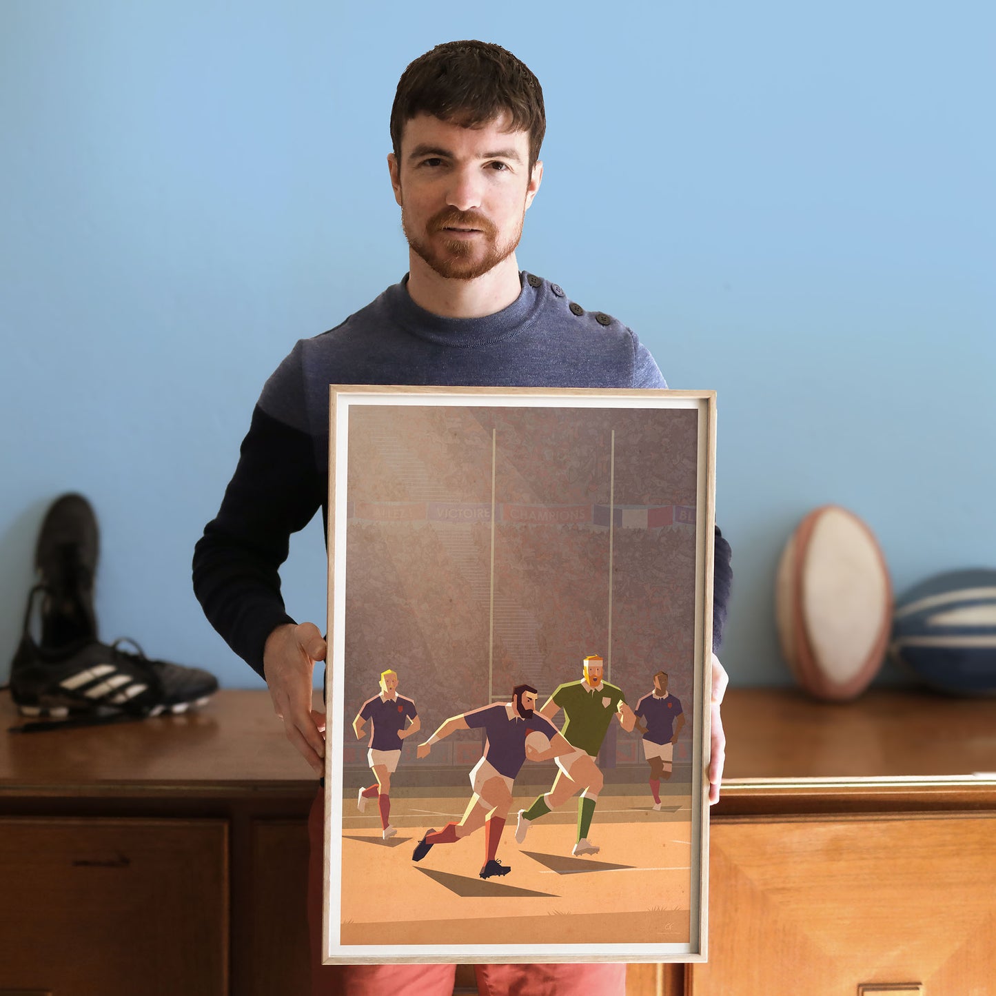 Affiche sportive vintage representant un match de rugby avec joueurs francais et irlandais sur le terrain
