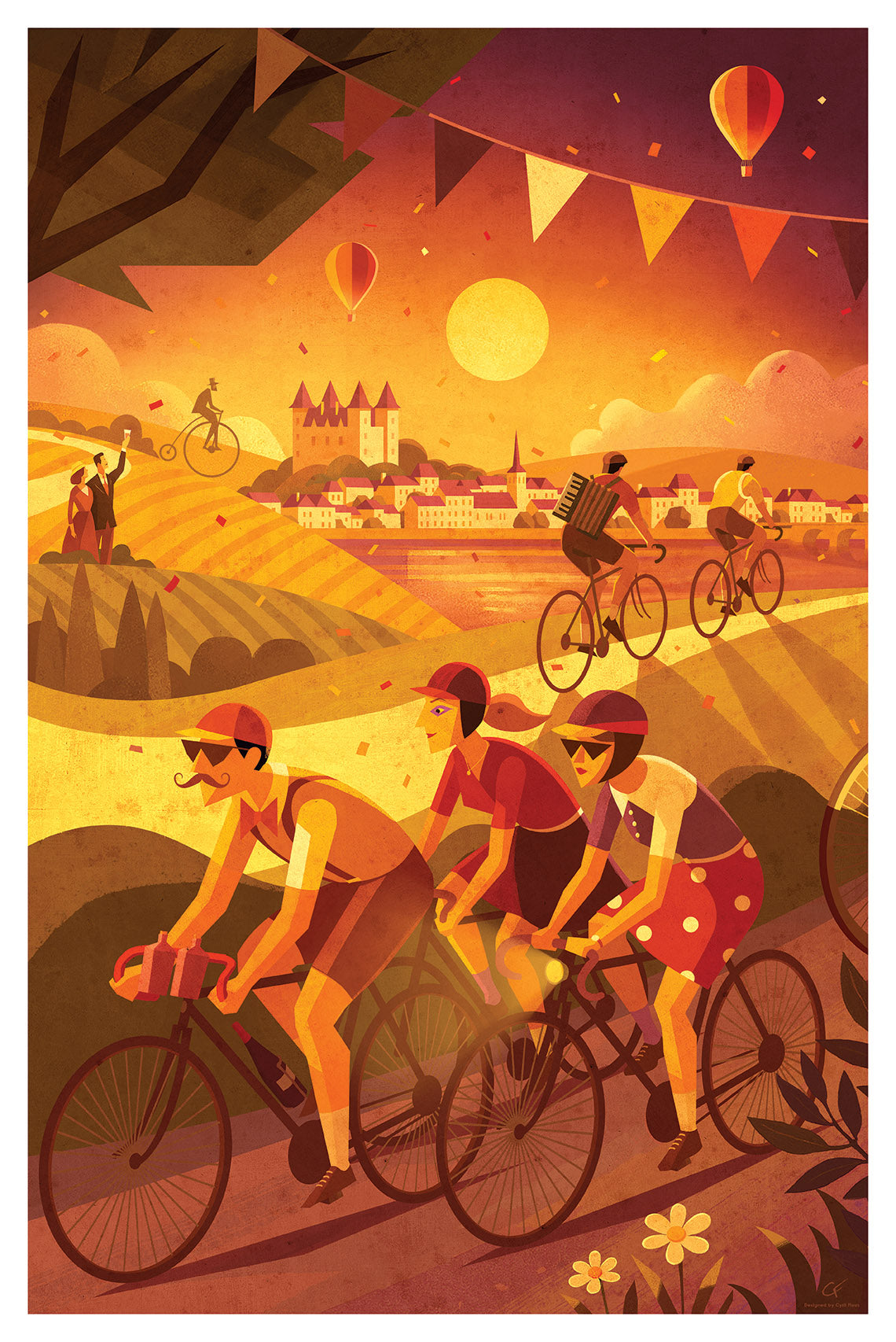 Affiche rétro Anjou Vélo Vintage avec cyclistes costumés, château et montgolfières dans une ambiance festive