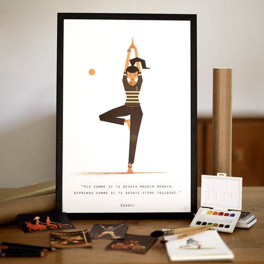 Affiche yoga posture de l'arbre Vrikshasana illustration originale stylet soleil orange fond chaud