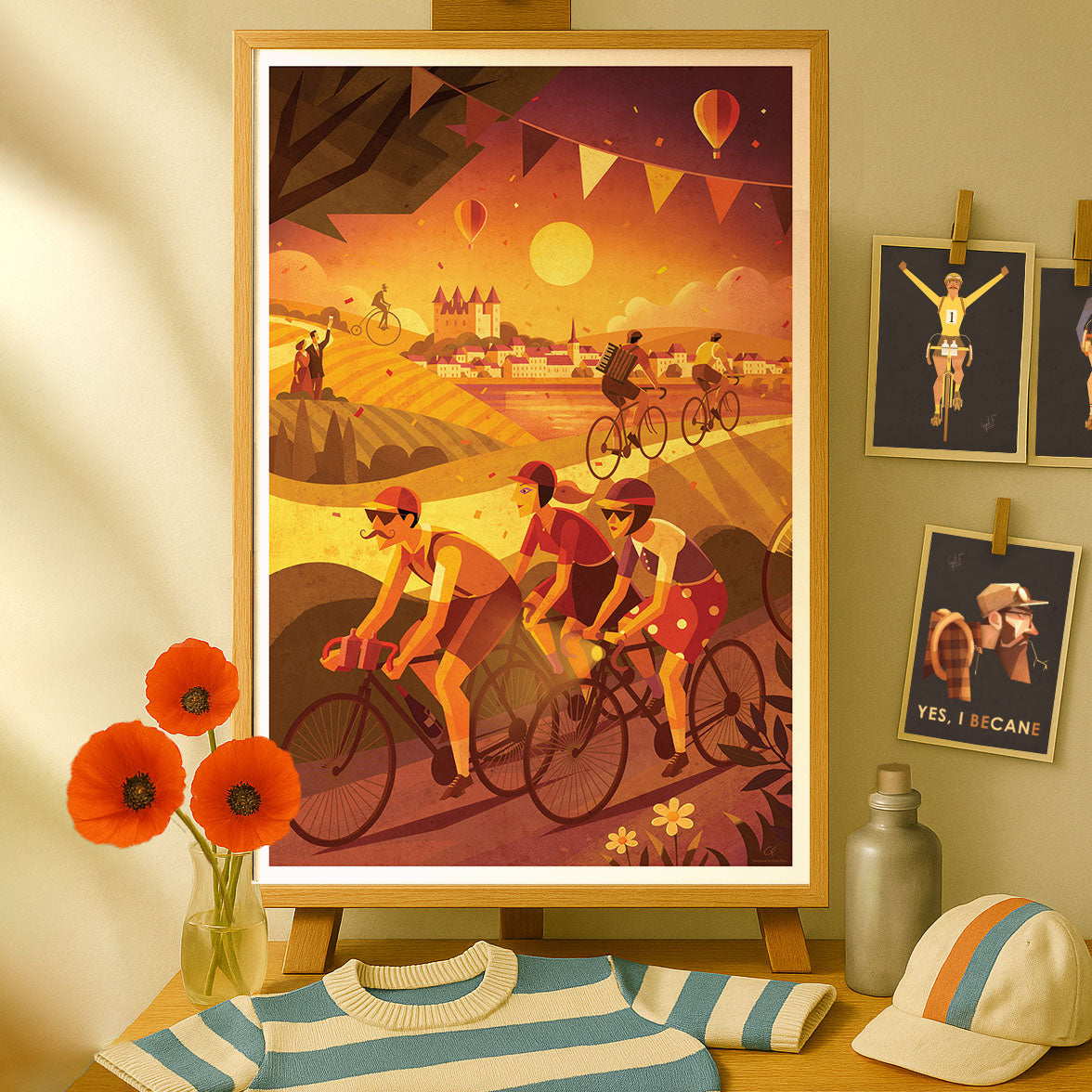 Affiche déco style vintage de l’Anjou Vélo Vintage accrochée au mur, cyclistes rétro et paysage de château