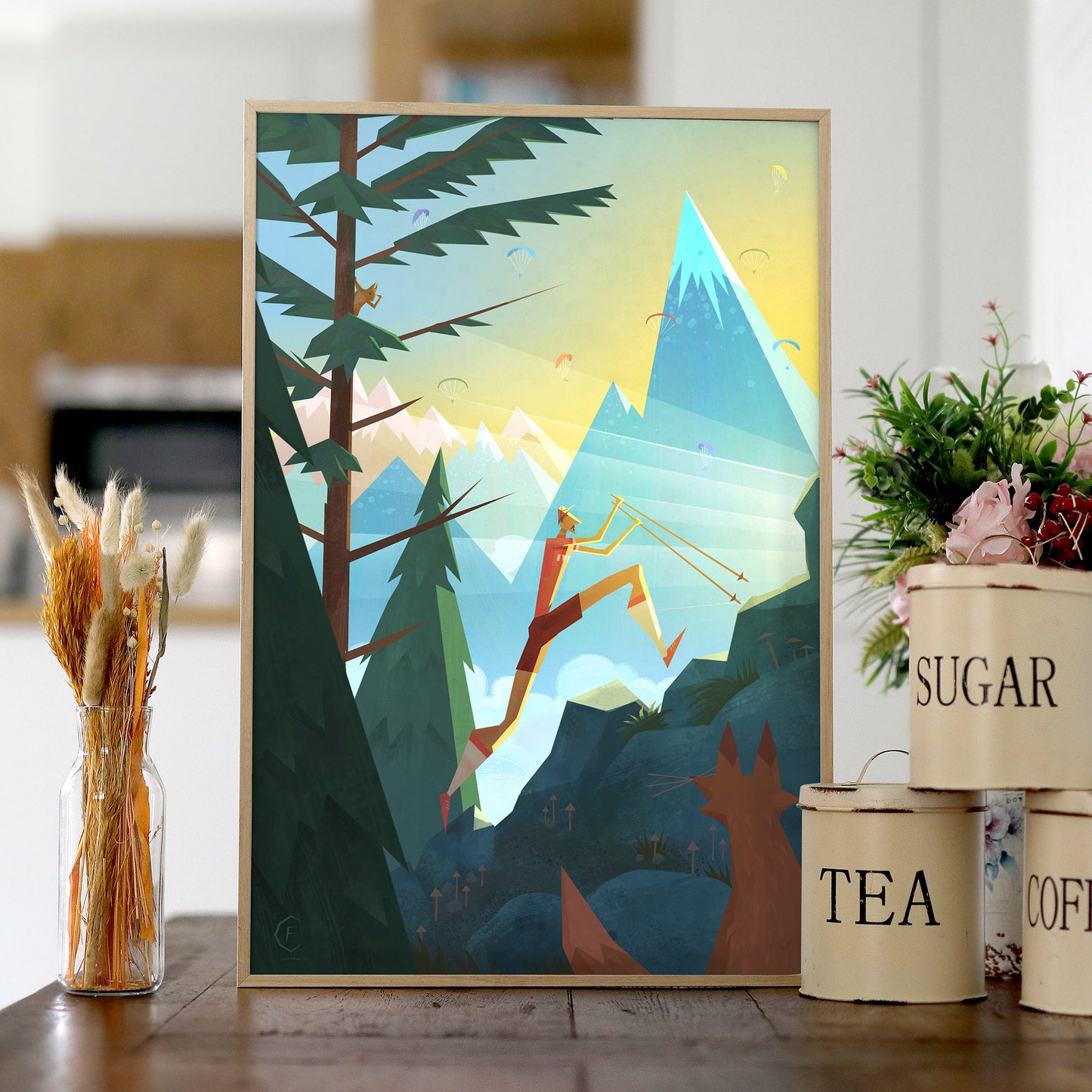 Illustration d’un coureur de trail gravissant le Semnoz, dans un style de dessin artistique, affiche trail pour les amateurs de course en montagne