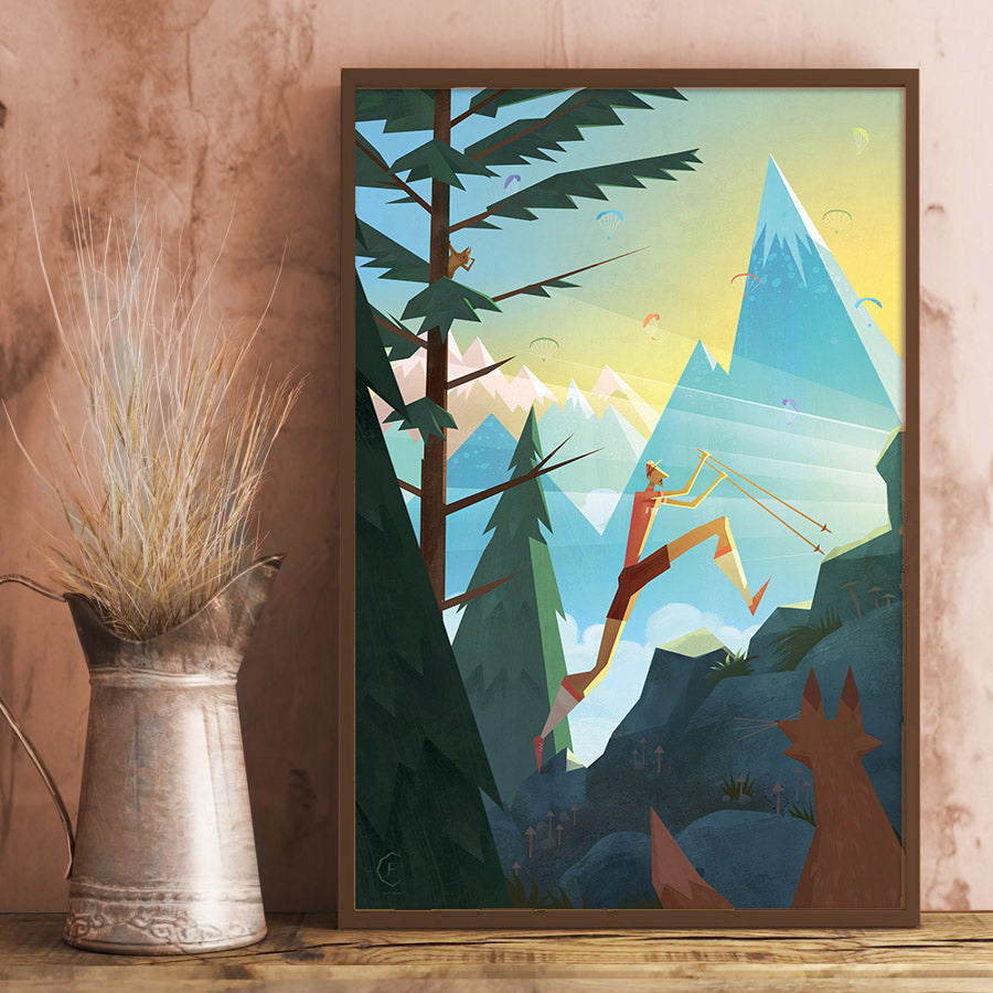 Affiche de trail running sur le Semnoz, coureur stylisé en pleine montée, décor de montagne et nature sauvage
