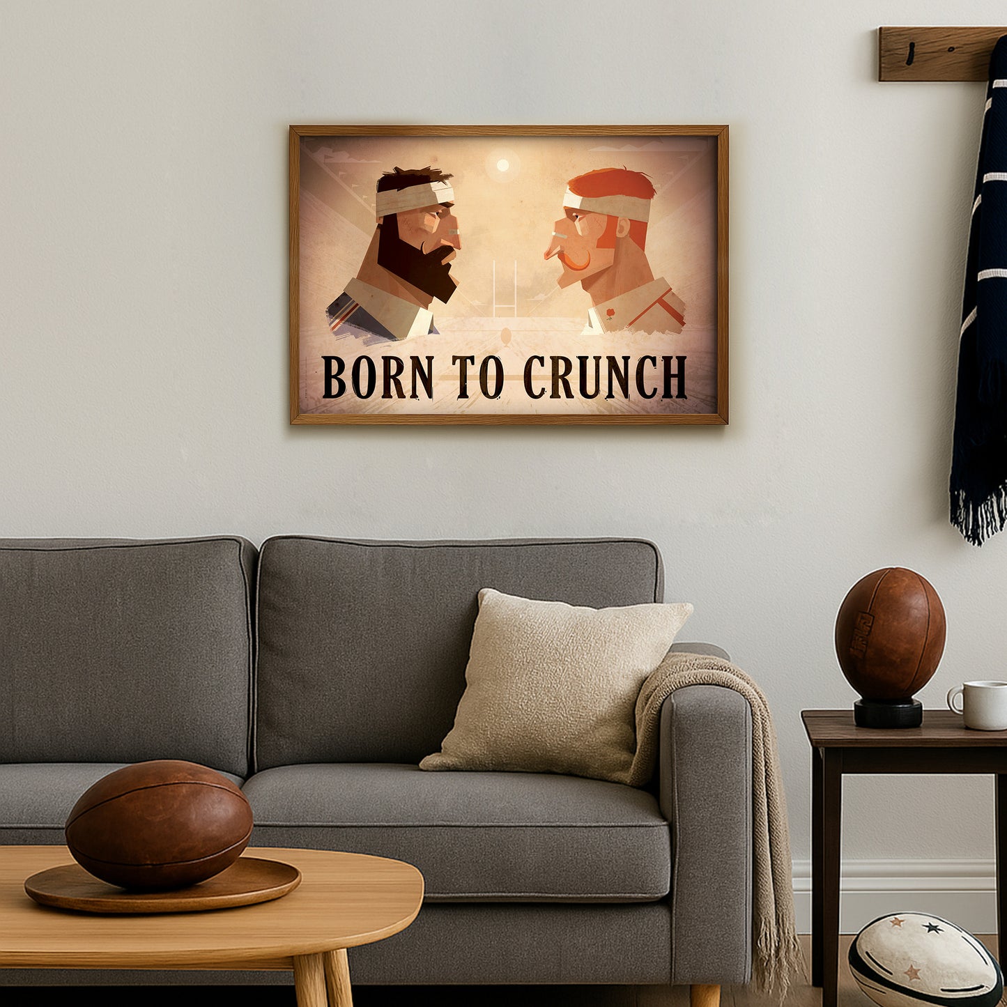 Illustration rugby vintage Born to Crunch montrant deux joueurs symbolisant la rivalité France Angleterre, affiche rétro idéale pour un salon ou un bureau de passionné de rugby.