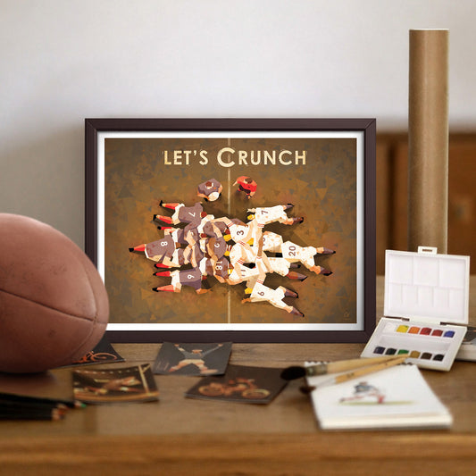 Illustration rugby vintage montrant une mêlée intense entre joueurs français et anglais lors du Crunch, scène emblématique parfaite pour une décoration murale sportive.