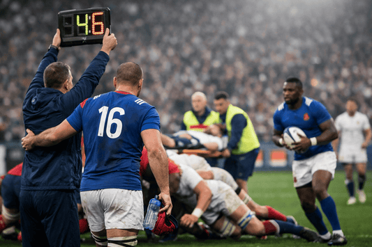 Joueur entrant en jeu lors d’un match de rugby professionnel avec panneau de remplacement et action sur le terrain illustrant la stratégie des changements au rugby moderne.