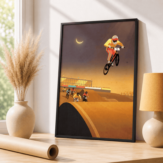 Affiche BMX rétro, rider en plein saut sous la lune, style années 80