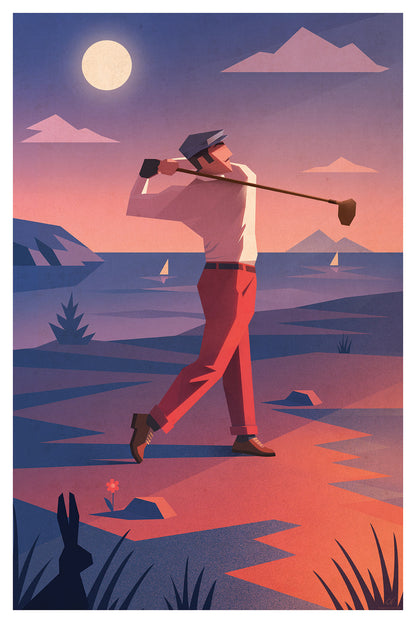 Affiche vintage de golf représentant un golfeur en plein swing au bord de la mer, au coucher du soleil, illustration rétro.