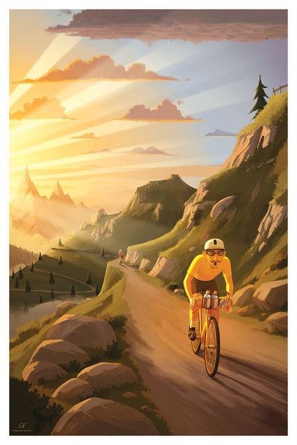 Affiche vintage de cyclisme représentant un coureur en maillot jaune lors d’une ascension de montagne au Tour de France.