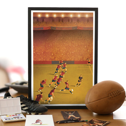 Affiche vintage de rugby représentant l’équipe de Bordeaux UBB en match au stade, illustration décorative style rétro.