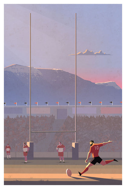 Affiche vintage de rugby représentant un joueur du Rugby Club Toulonnais (RCT) en action au stade Mayol, illustration rétro.