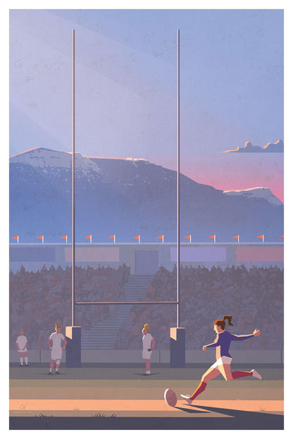 Affiche vintage de rugby représentant une joueuse de l’équipe de France féminine en plein tir au but, illustration rétro du XV de France.