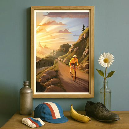 Poster vintage de vélo avec un coureur en maillot jaune du Tour de France, illustration artistique dans un décor naturel de montagne.