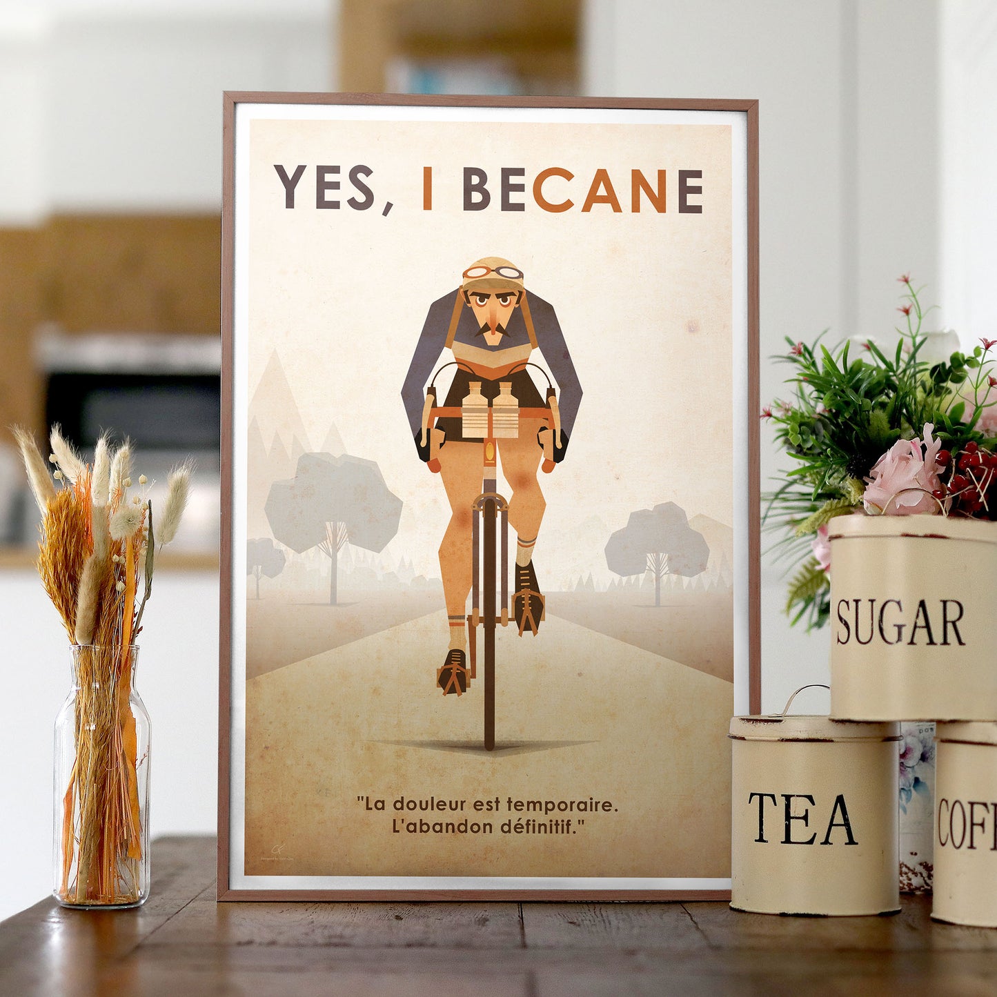 Affiche décoration murale cyclisme rétro avec illustration humoristique « Yes I Becane » et citation motivante
