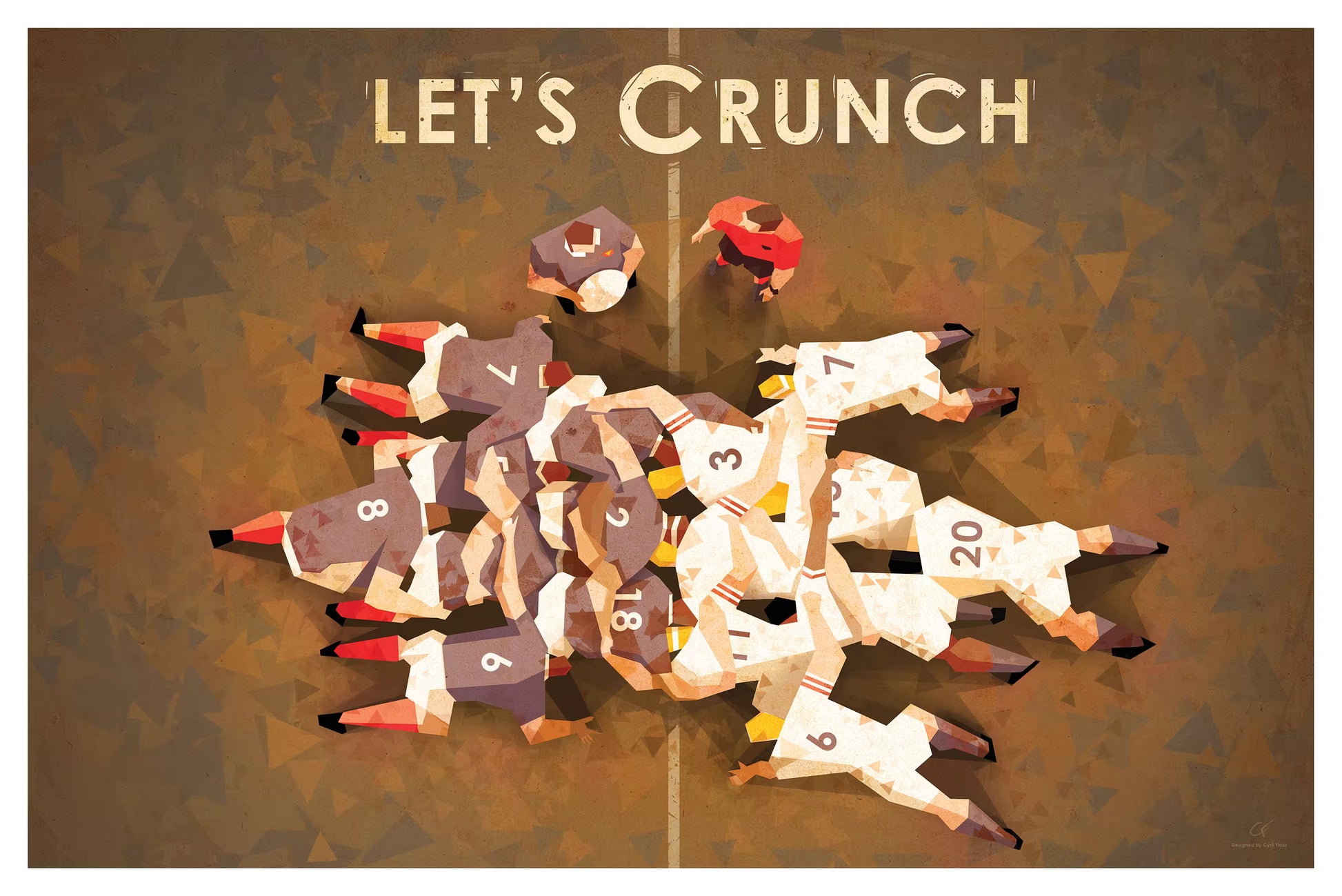 Affiche de rugby Let’s Crunch montrant une mêlée vue du dessus, style vintage et géométrique, œuvre signée Les Affiches de Cyril, idéale pour les passionnés de rugby et de décoration sportive.