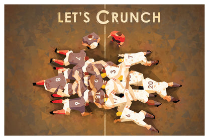 Affiche de rugby Let’s Crunch montrant une mêlée vue du dessus, style vintage et géométrique, œuvre signée Les Affiches de Cyril, idéale pour les passionnés de rugby et de décoration sportive.