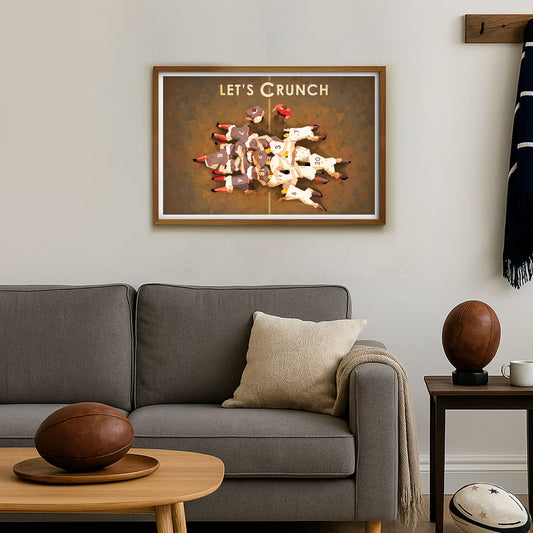 Affiche rugby vintage Let’s Crunch représentant une mêlée en vue de dessus, illustration artistique signée Les Affiches de Cyril, impression française sur papier 250g.
