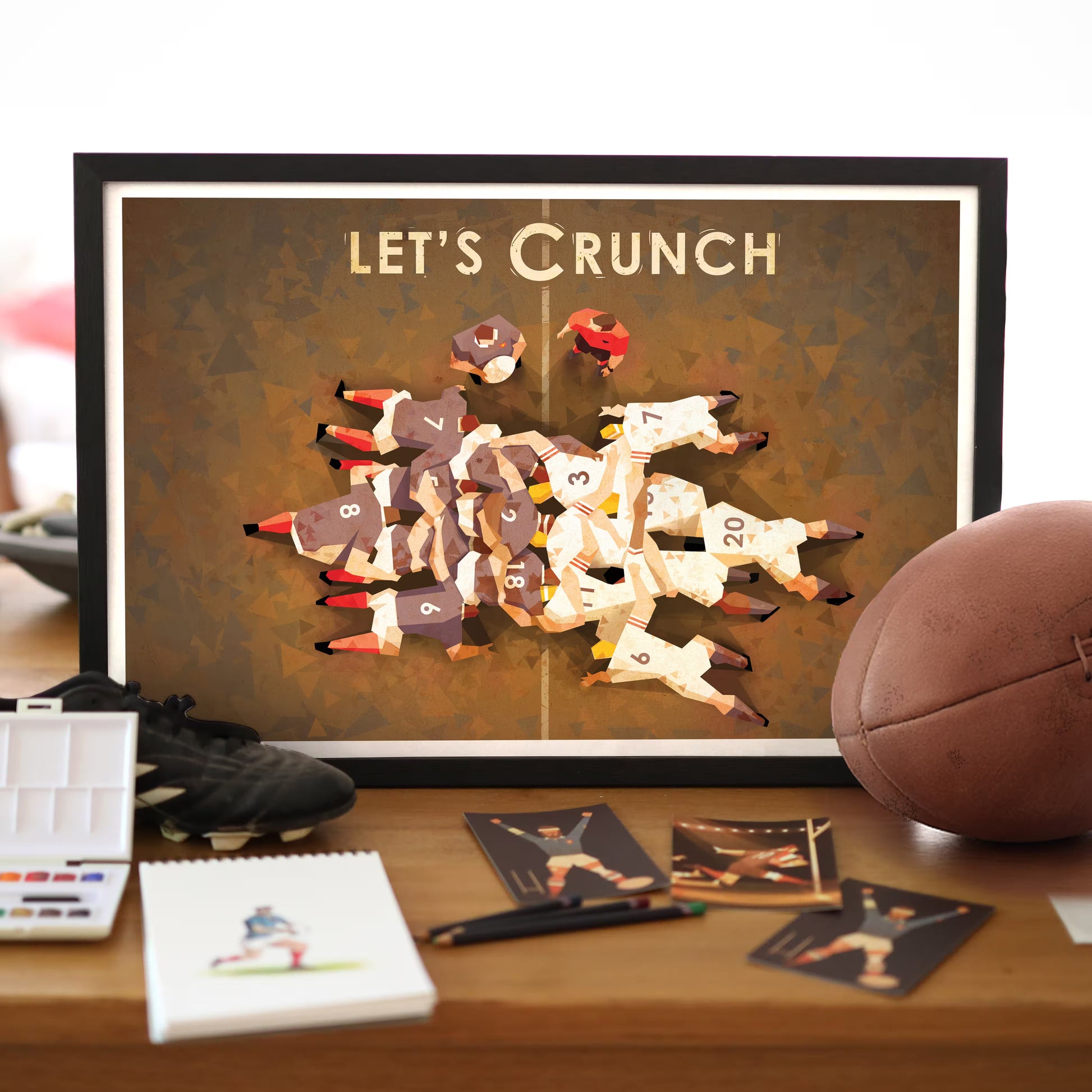Affiche rugby vintage Let’s Crunch représentant une mêlée en vue de dessus, illustration artistique signée Les Affiches de Cyril, impression française sur papier 250g.