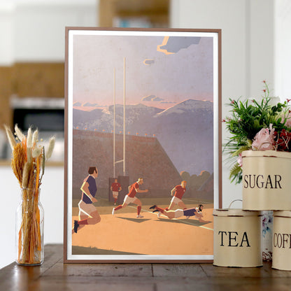 Affiche de rugby illustrée – joueur en pleine action, format 40x60 cm, impression française sur papier premium