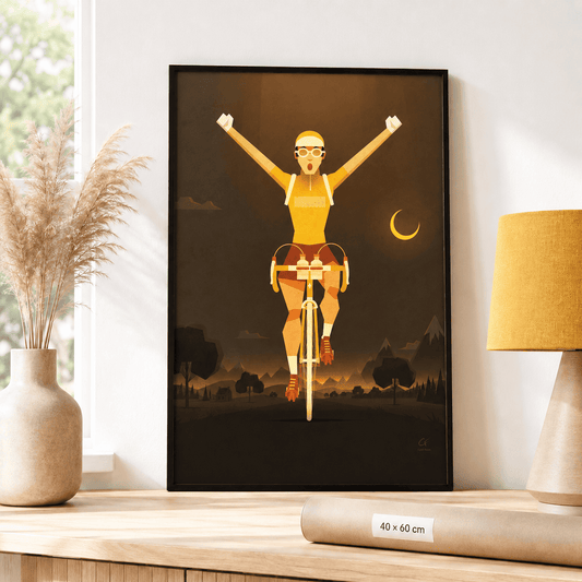 Affiche Le Maillot Jaune, cycliste vainqueur bras levés au crépuscule