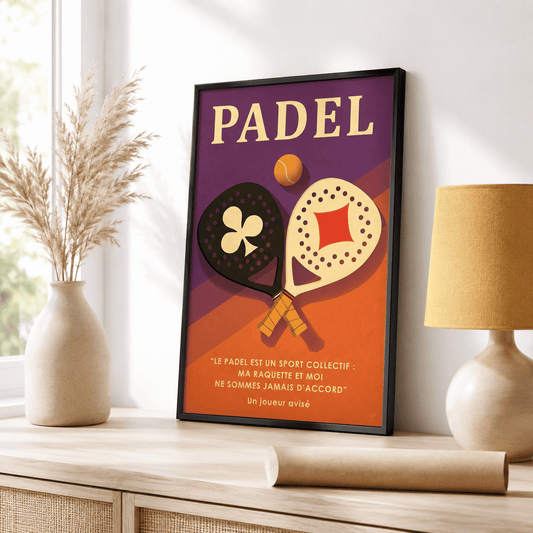 Affiche padel Sport collectif, deux raquettes en cartes trèfle et carreau, style vintage
