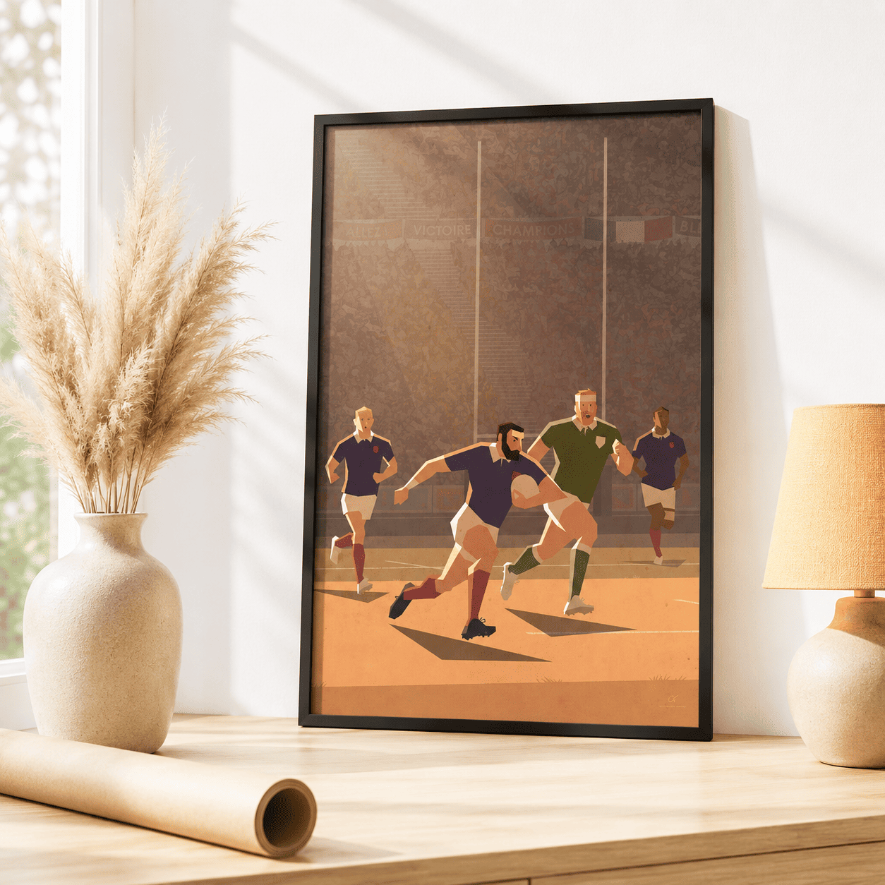 Affiche rugby illustrée — droit à l'en-but, la course vers l'essai