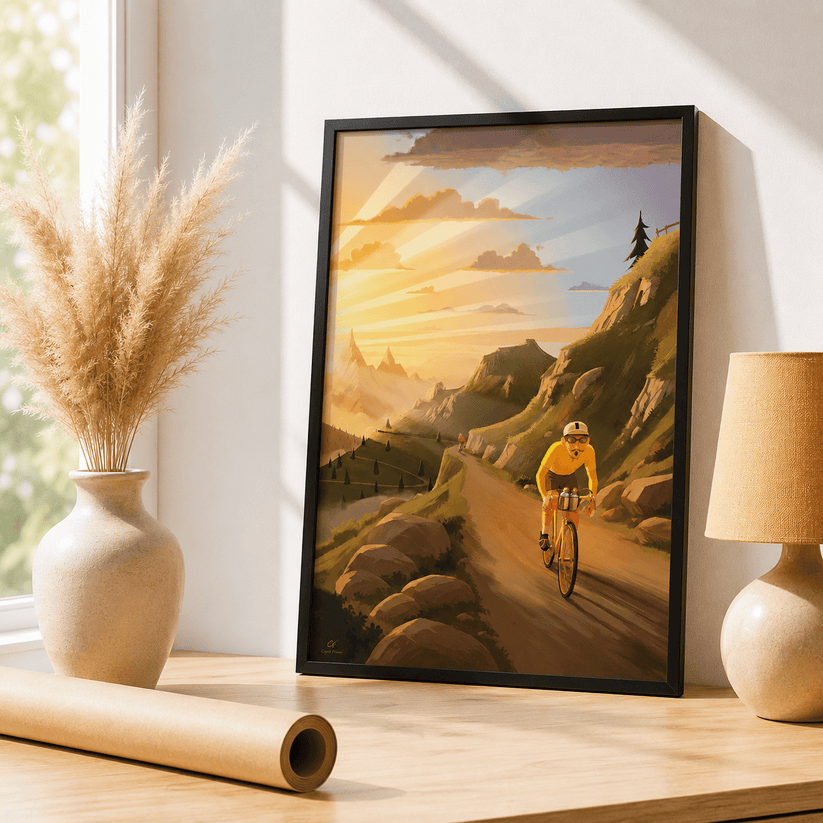 Affiche vélo L'échappée du maillot jaune illustrée par Cyril