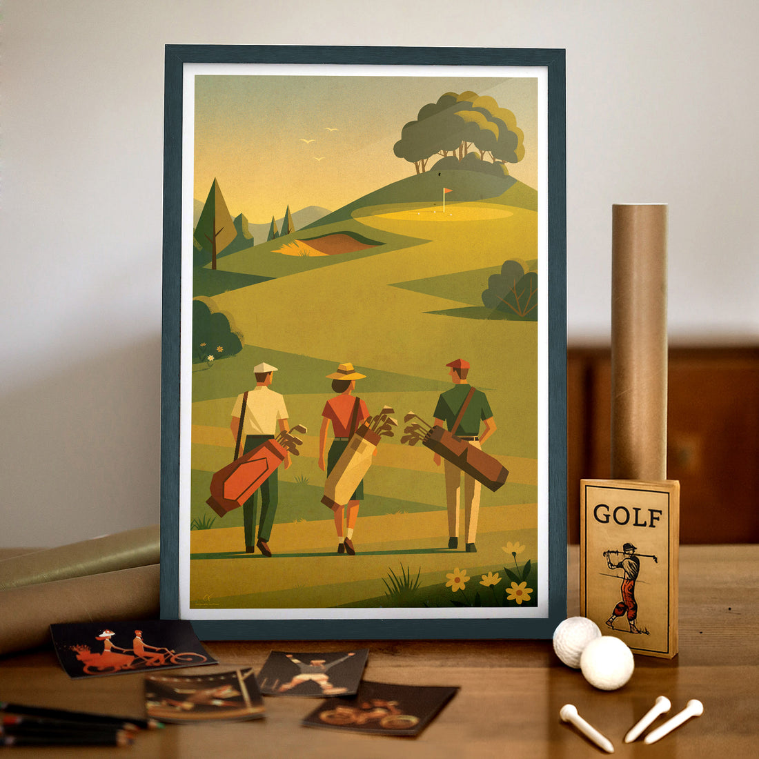 Affiche golf vintage Trio Gagnant illustrée par Cyril, en situation dans un intérieur