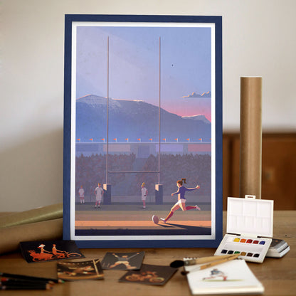 Poster de rugby vintage représentant une joueuse du XV de France féminin, affiche encadrée en décoration intérieure, style rétro.