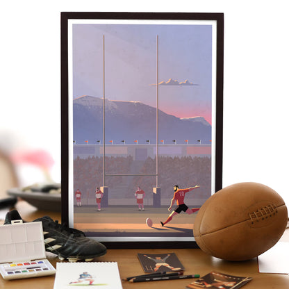 Poster de rugby vintage du Rugby Club Toulonnais, affiche encadrée en décoration intérieure, style rétro.