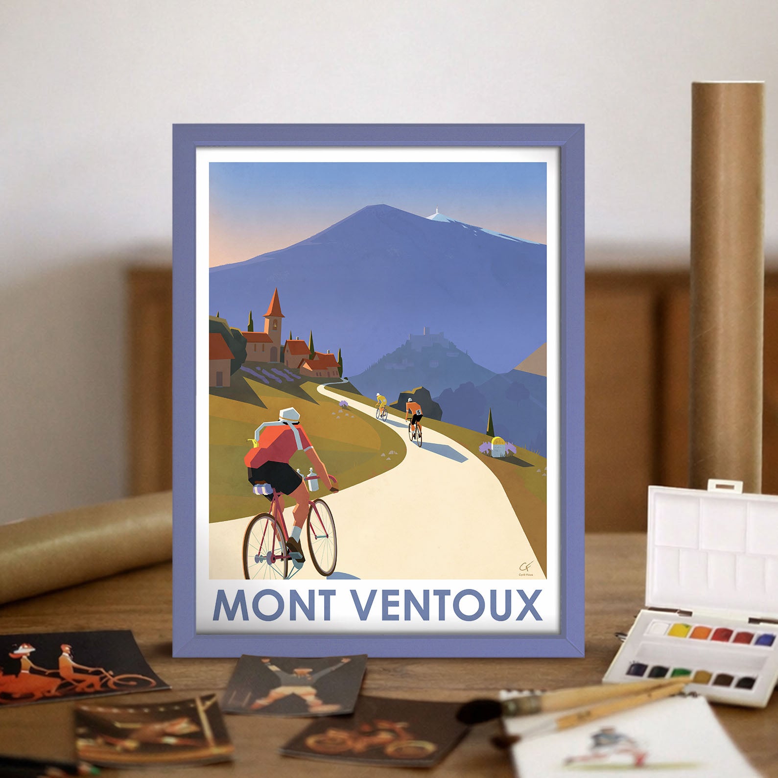 Affiche Mont Ventoux vintage encadrée dans un intérieur – illustration cyclisme Le Géant de Provence