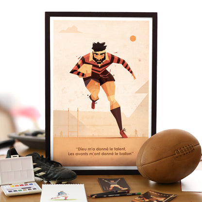 Affiche rugby vintage Rouge et Noir représentant un joueur en pleine course vers l’en-but, illustration rétro inspirée du rugby français idéale pour une décoration murale.