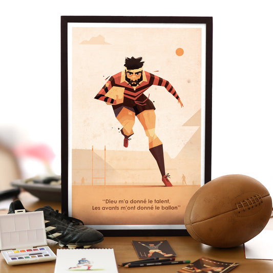 Affiche rugby vintage Rouge et Noir représentant un joueur en pleine course vers l’en-but, illustration rétro inspirée du rugby français idéale pour une décoration murale.