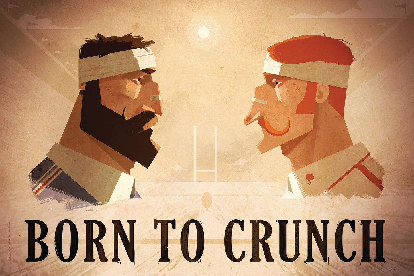 Affiche rugby Born to Crunch illustrant un face-à-face entre joueurs du Crunch, scène emblématique du rugby international parfaite pour une décoration murale sportive.