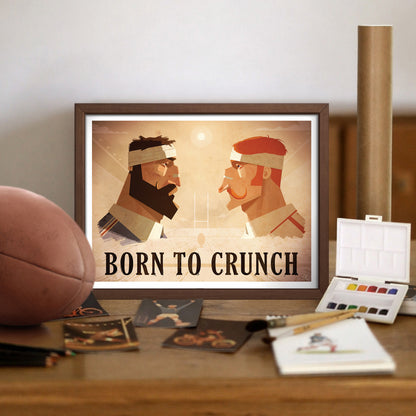 Illustration rugby Born to Crunch encadrée dans une décoration intérieure, affiche rétro inspirée du match France Angleterre idéale pour habiller un mur de salon.