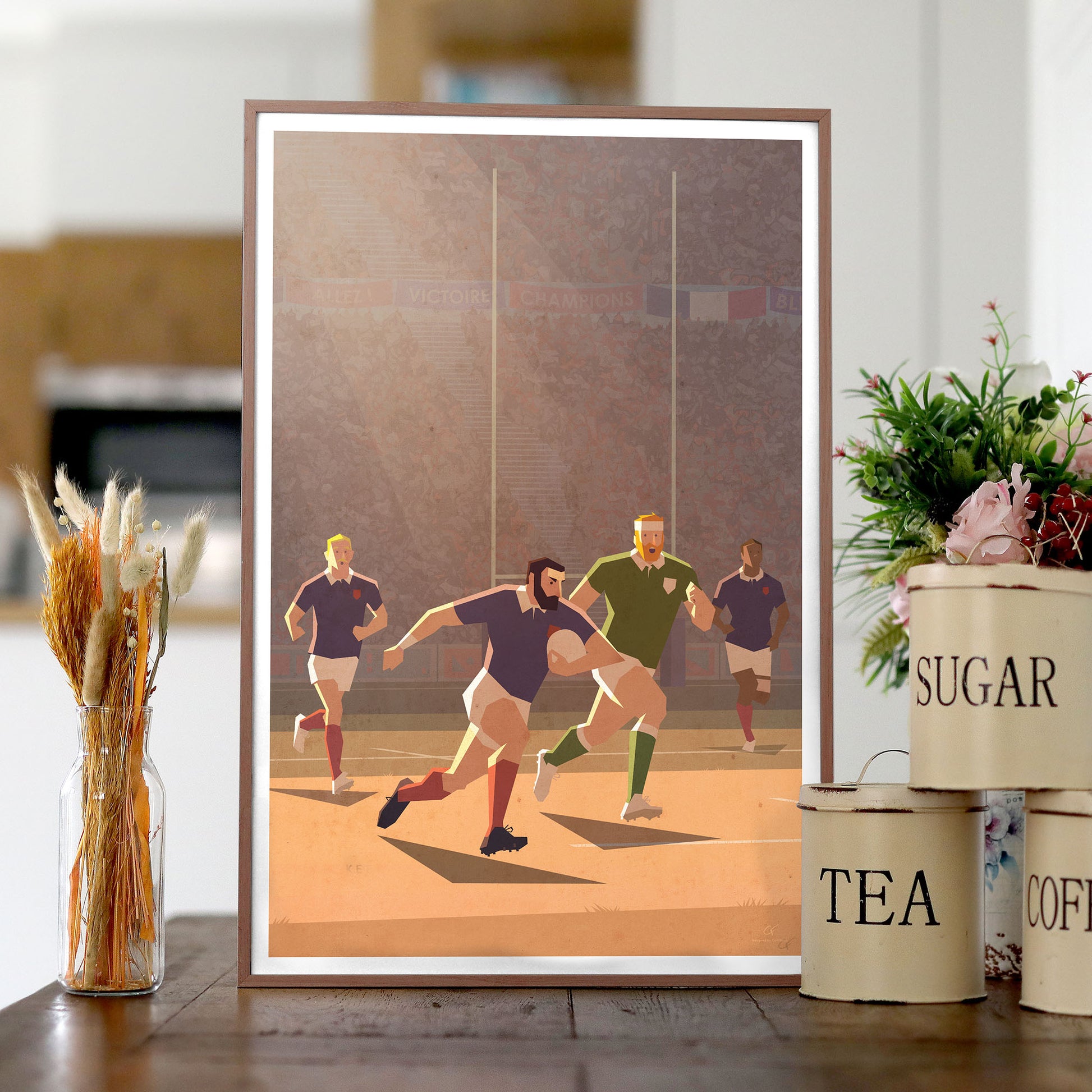 Affiche rugby vintage Droit à l’en-but représentant une percée d’un joueur vers la ligne d’essai, illustration rétro inspirée du rugby français idéale pour une décoration murale.
