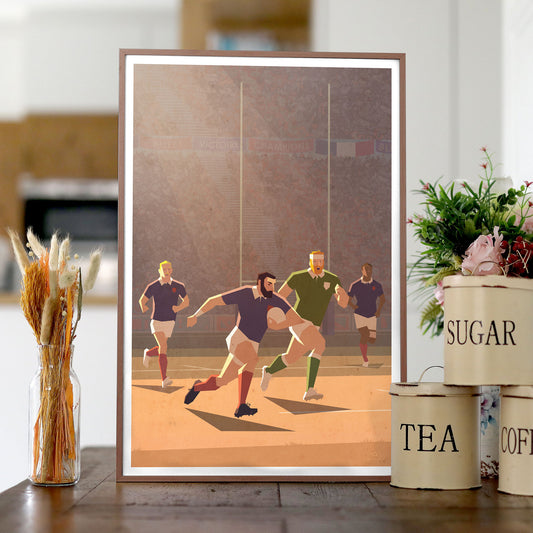 Affiche rugby vintage Droit à l’en-but représentant une percée d’un joueur vers la ligne d’essai, illustration rétro inspirée du rugby français idéale pour une décoration murale.