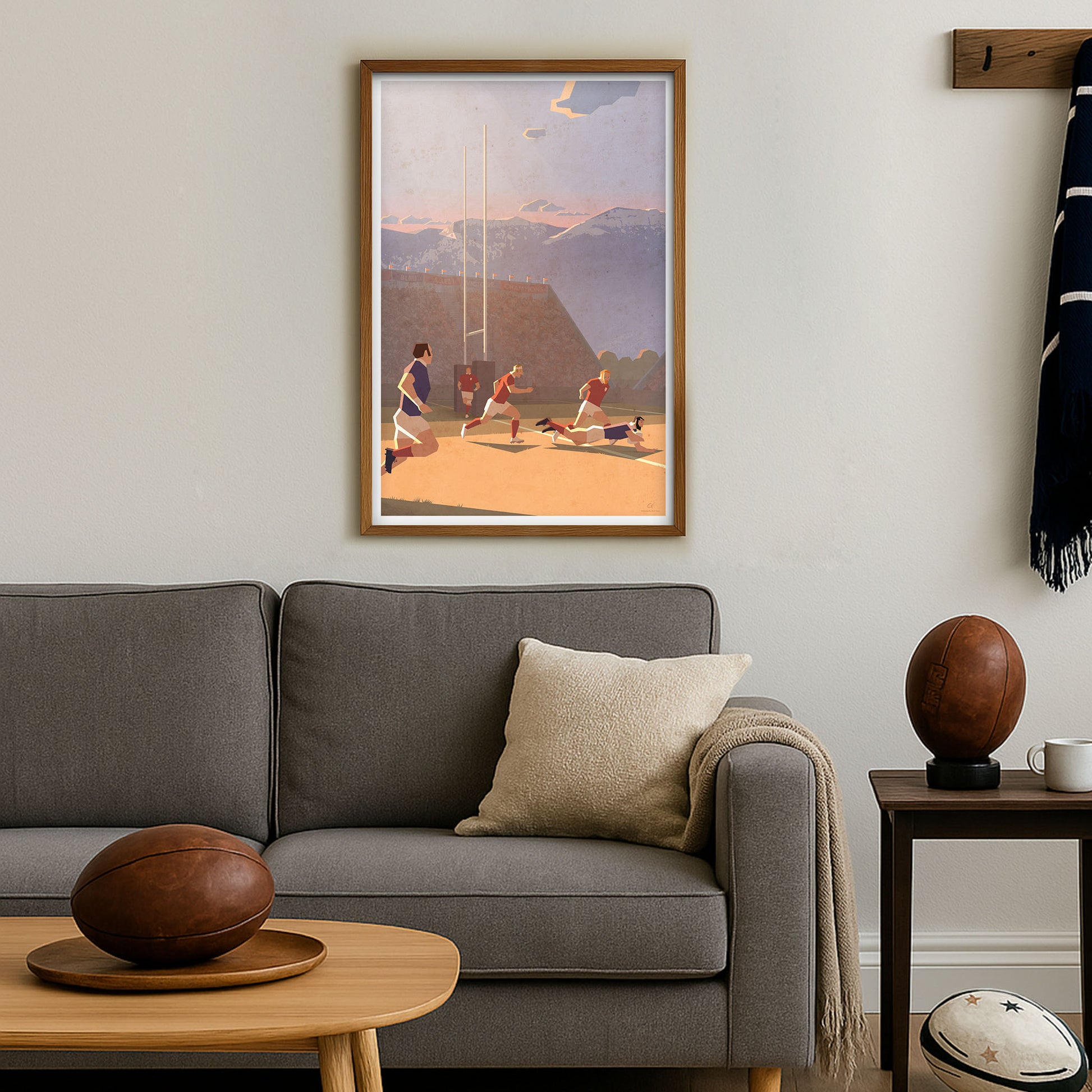 Affiche rugby vintage Essai mise en scène dans un salon avec ambiance sportive, parfaite pour décorer un intérieur de passionné de rugby et d’illustrations rétro.