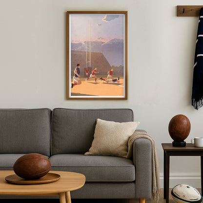 Affiche rugby vintage Essai mise en scène dans un salon avec ambiance sportive, parfaite pour décorer un intérieur de passionné de rugby et d’illustrations rétro.