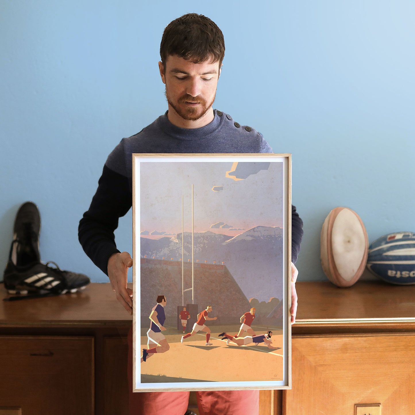 Affiche rugby vintage Essai montrant un joueur plongeant dans l’en-but pour marquer un essai, illustration rétro inspirée des grandes scènes de rugby pour une décoration murale sportive.