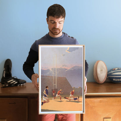 Affiche rugby vintage Essai montrant un joueur plongeant dans l’en-but pour marquer un essai, illustration rétro inspirée des grandes scènes de rugby pour une décoration murale sportive.