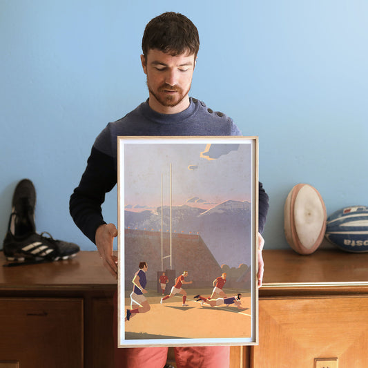 Affiche rugby vintage Essai montrant un joueur plongeant dans l’en-but pour marquer un essai, illustration rétro inspirée des grandes scènes de rugby pour une décoration murale sportive.