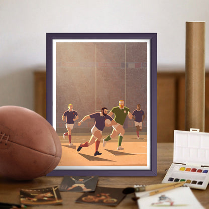 Illustration rugby vintage inspirée de l’équipe de France montrant une percée vers l’essai, affiche décorative idéale pour habiller un bureau ou un intérieur de fan de rugby.