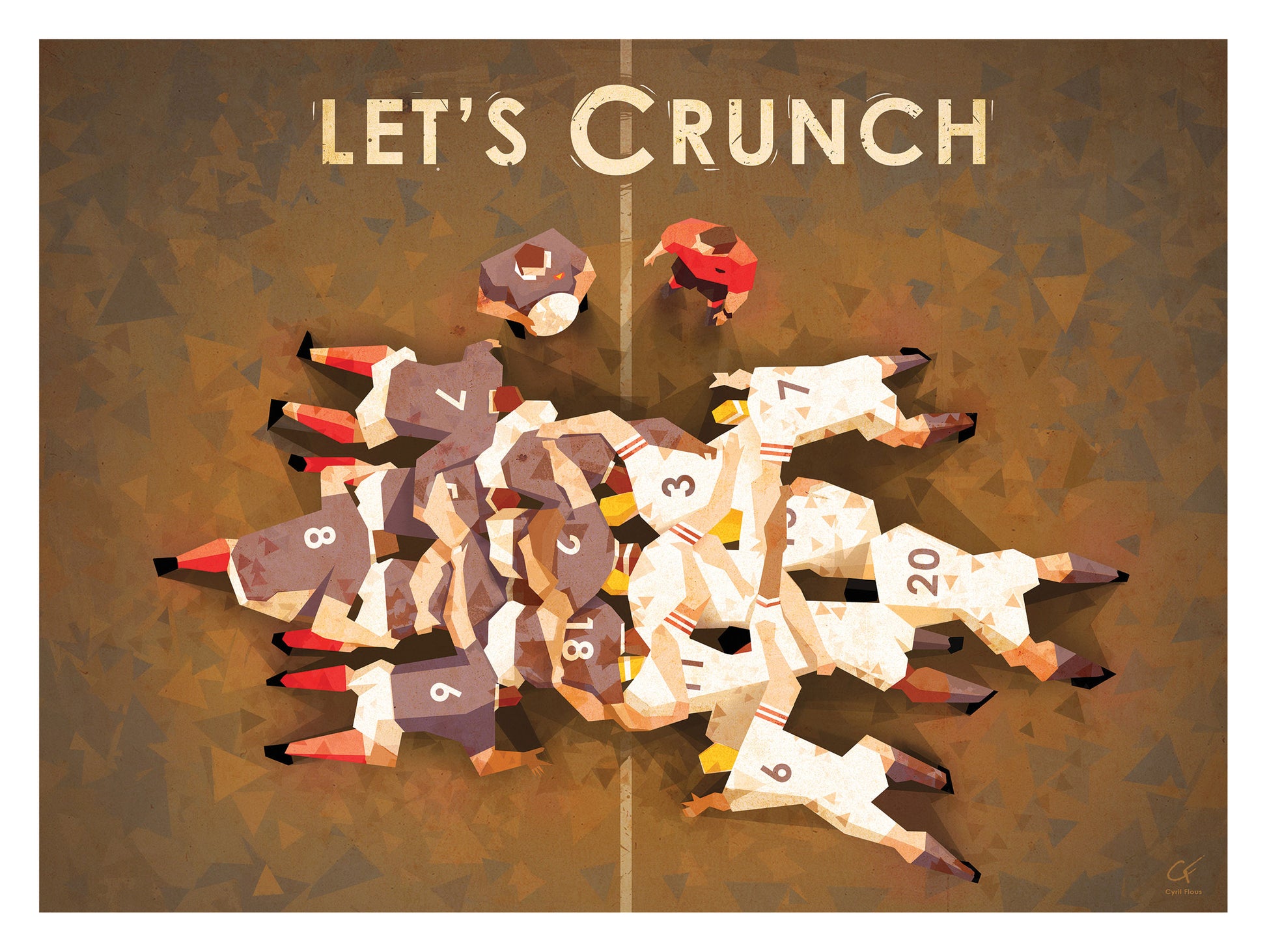 Affiche rugby Mêlée style vintage illustrant le combat collectif des avants dans une mêlée, idéale pour décorer un salon ou un bureau de passionné de rugby.