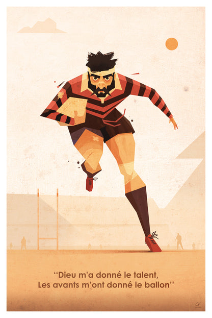 Illustration rugby vintage d'un joueur de Toulouse  courant lancé vers l’essai, style graphique rétro parfait pour la décoration d’un bureau ou d’un salon de fan de rugby.