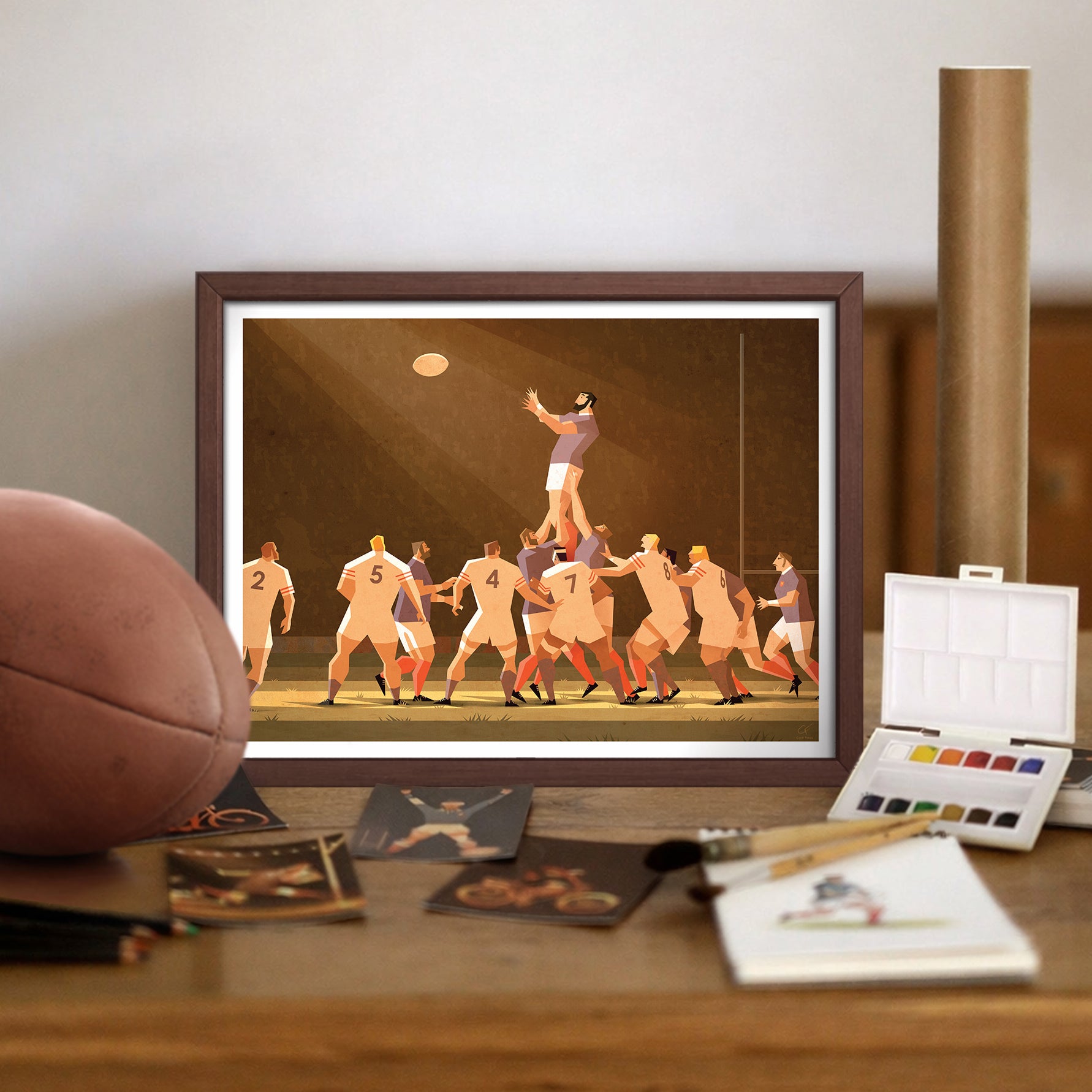 Illustration rugby vintage montrant un alignement en touche entre la France et l’Angleterre avec un joueur sautant pour capter le ballon, scène emblématique du rugby international.