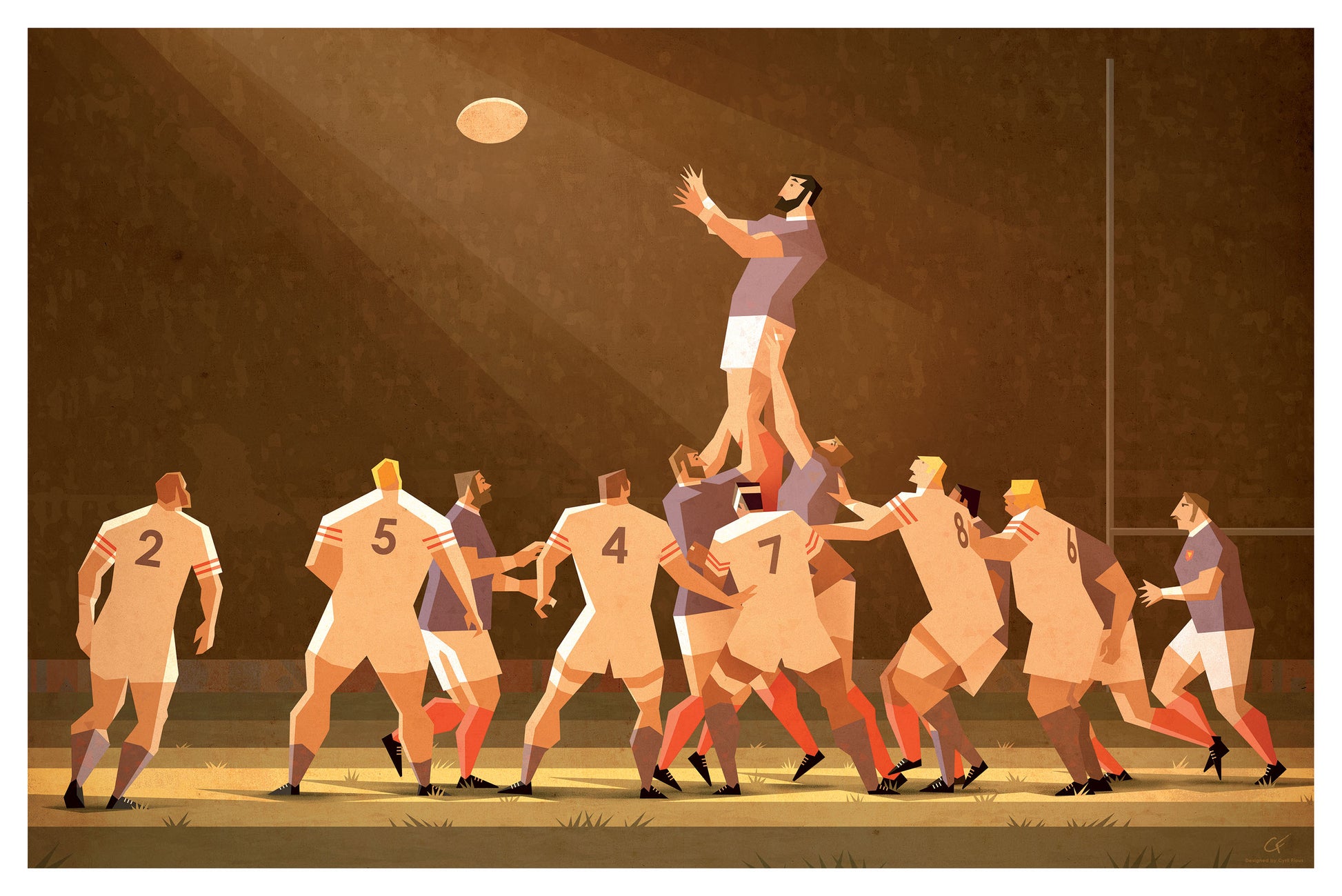 Affiche rugby Touche style vintage représentant une phase de jeu collective en alignement, parfaite pour une décoration murale dans un salon ou un bureau de passionné de rugby.