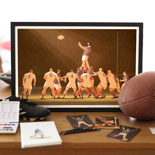 Affiche rugby vintage Touche représentant un alignement entre la France et l’Angleterre lors d’une touche, illustration rétro idéale pour une décoration murale de fan de rugby.