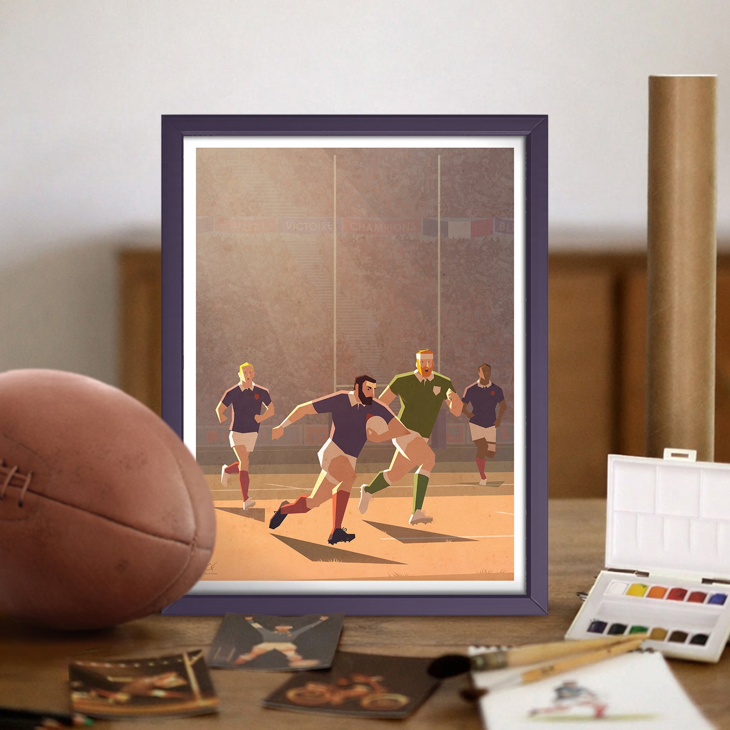 Affiche rugby Droit à l’en-but encadrée dans un salon avec ambiance sportive, illustration rétro parfaite pour une décoration intérieure de passionné de rugby.