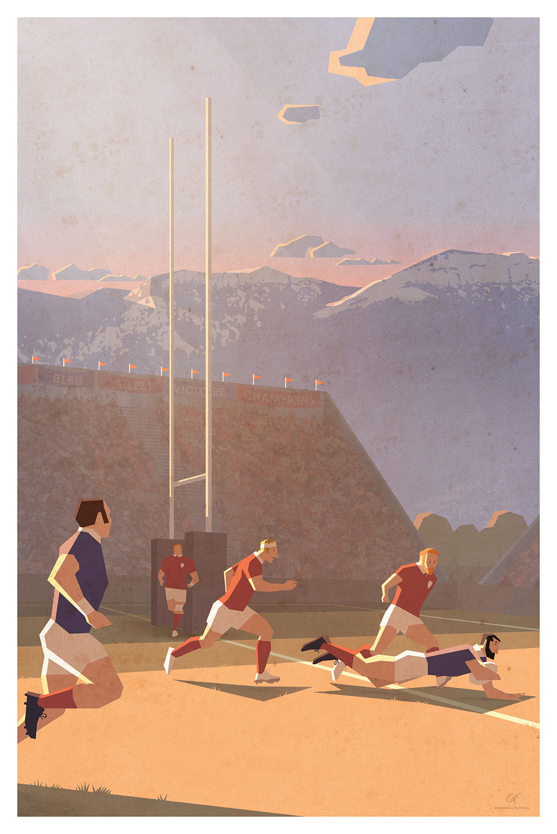 Illustration rugby vintage Essai représentant une action près des poteaux avec plusieurs joueurs et un stade en arrière-plan, idéale pour une décoration murale de fan de rugby.