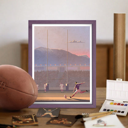 Affiche rugby vintage entourée d'un ballon en cuir, de crampons et d'une palette d'aquarelle.